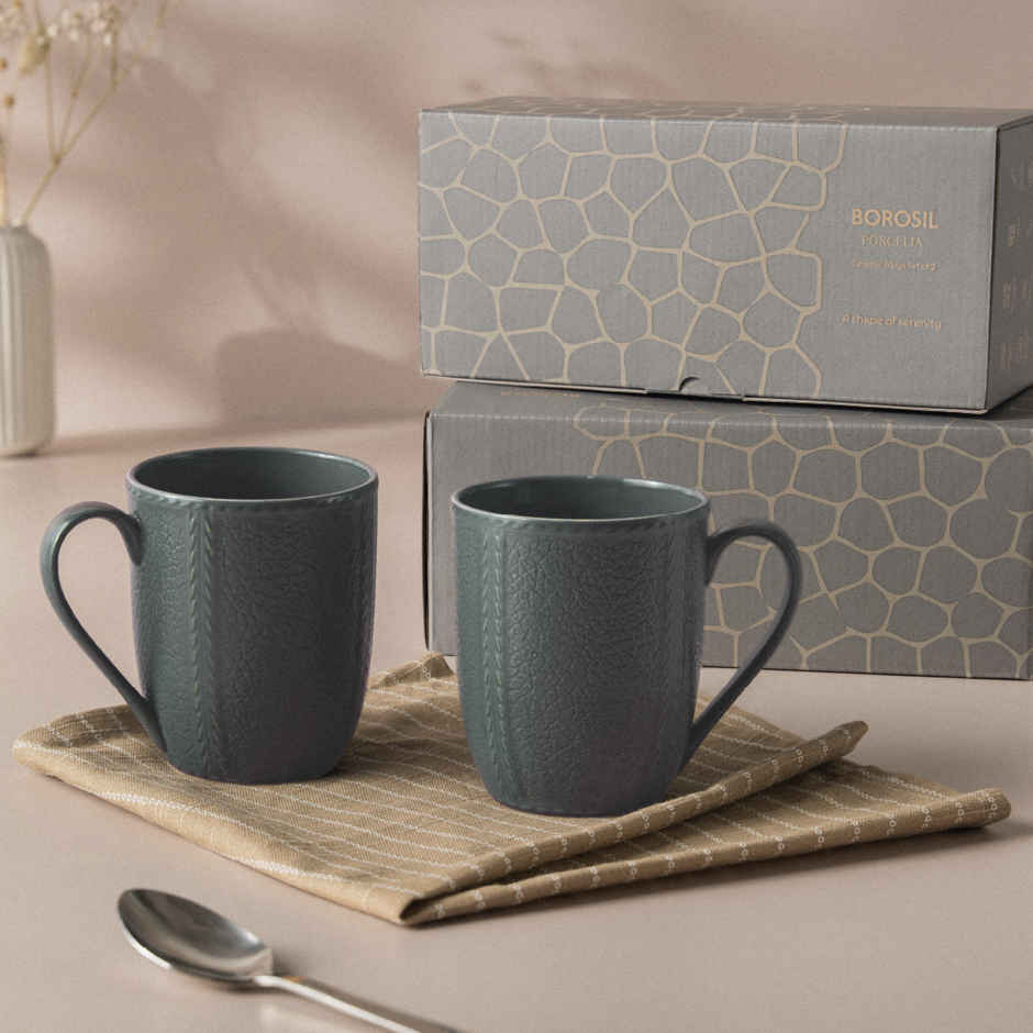 Borosil Porcelia Elva Slate Tea Coffee Porcelain Mug Set Microwave Dishwasher Safe