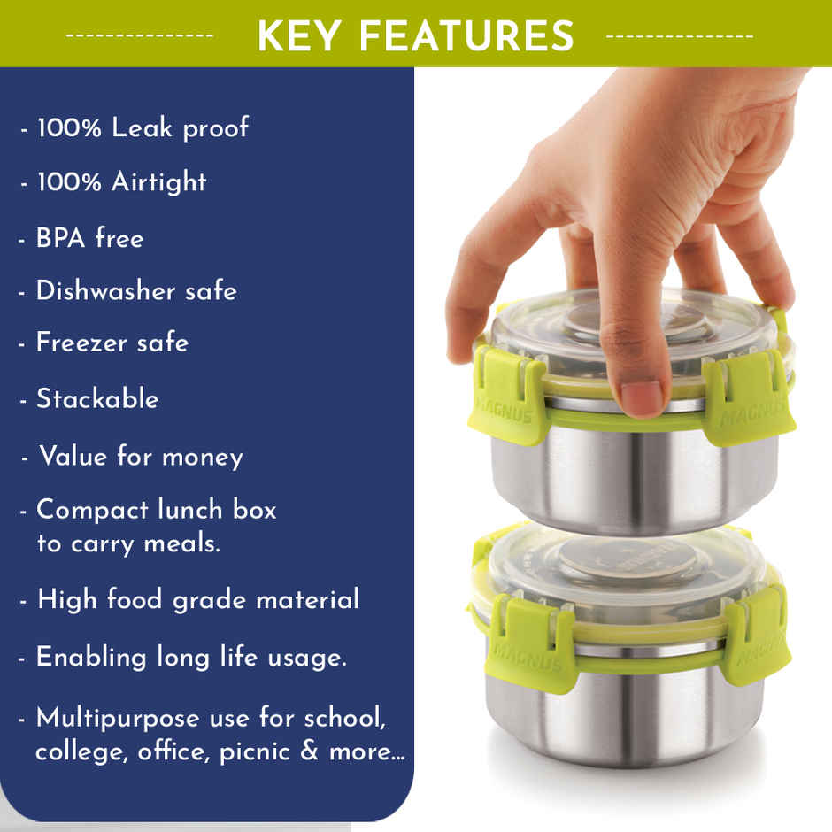 Magnus Avanza 3 Steel Leakproof Lunch Box for School with Klip Lock Lid & Insulated Tiffin Bag
