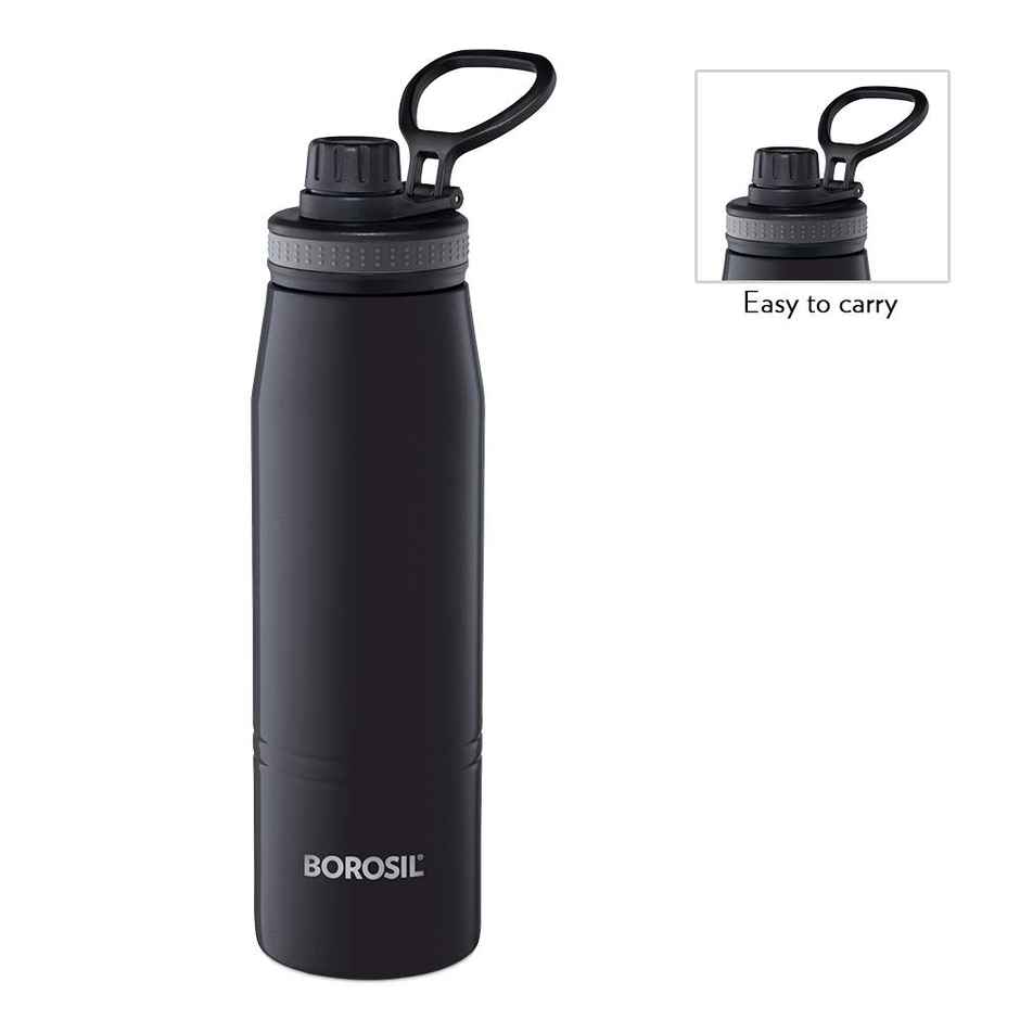 Borosil Stainless Steel Gosports Water Bottle, 14 Hrs Hot & 18 Hrs Cold Insulated | Black | 600 ml