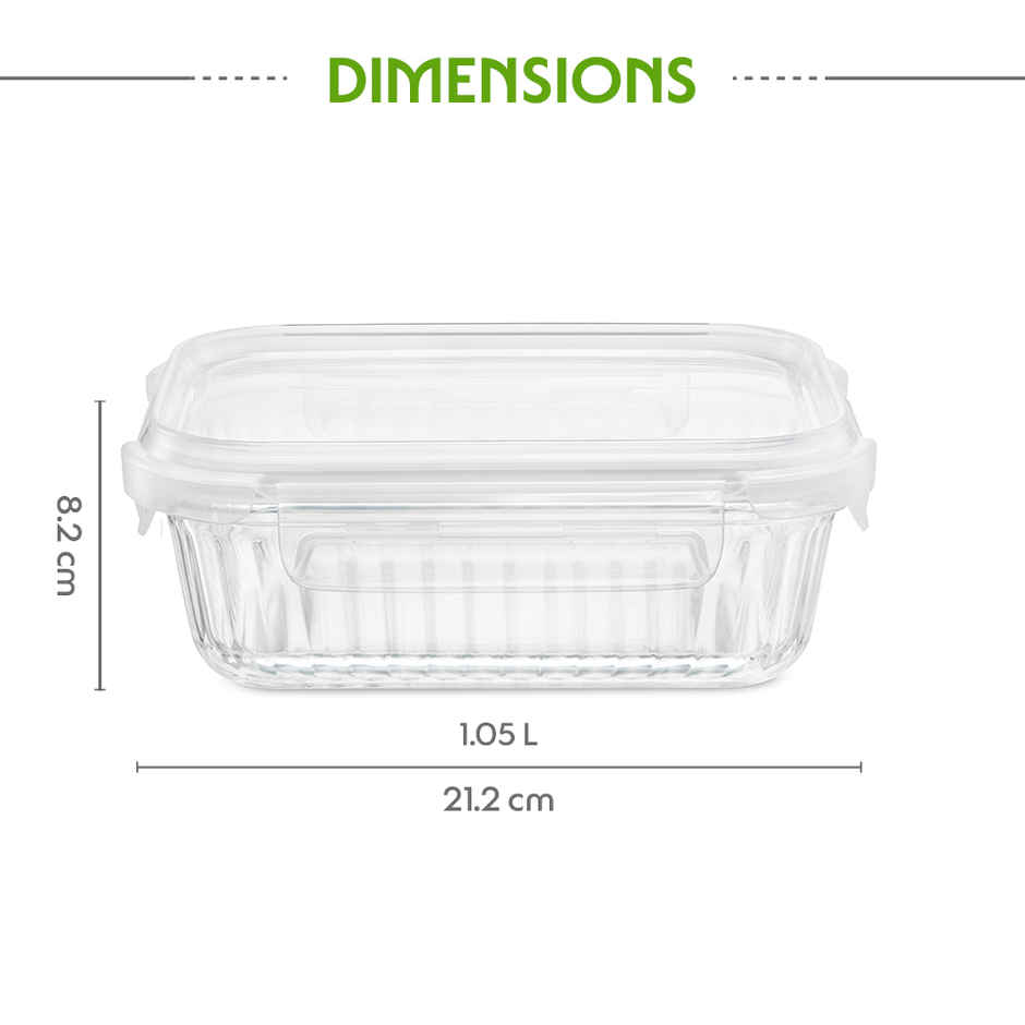 Borosil Fluted Klip N Store Rectangle Food Storage Container Borosilicate Glass Microwave Safe