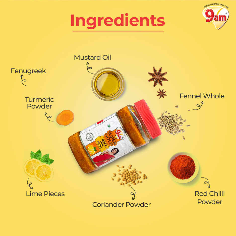 9am Super Gold Lime Pickle, Tangy Nibmu, Perfect for Meals With Pratha