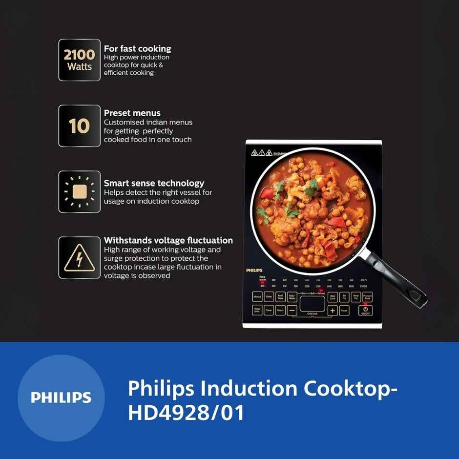 Philips Viva Collection Hd4938/01 2100Watt Glass Induction Cooktop With Sensor Touch & Full Crystal Glass - Black
