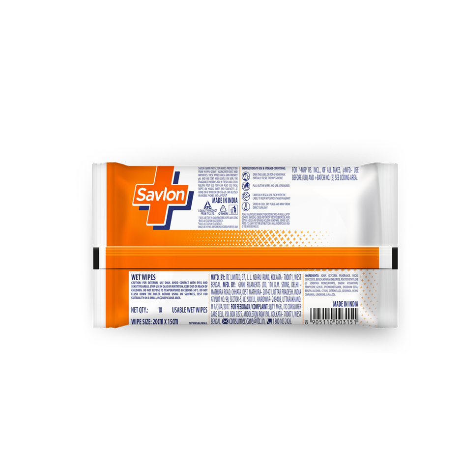 Savlon Germ Protection Wipes, Germ Protection, For Hands, Body, Surface | 10 Pulls Per Pack