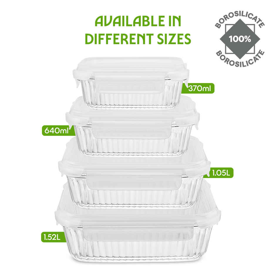Borosil Fluted Klip N Store Rectangle Food Storage Container Borosilicate Glass Microwave Safe