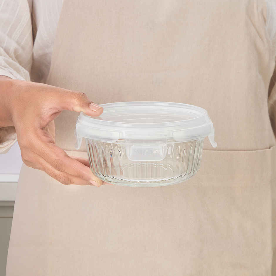 Borosil Fluted Klip N Store Round Food Storage Container Borosilicate Glass Microwave Safe