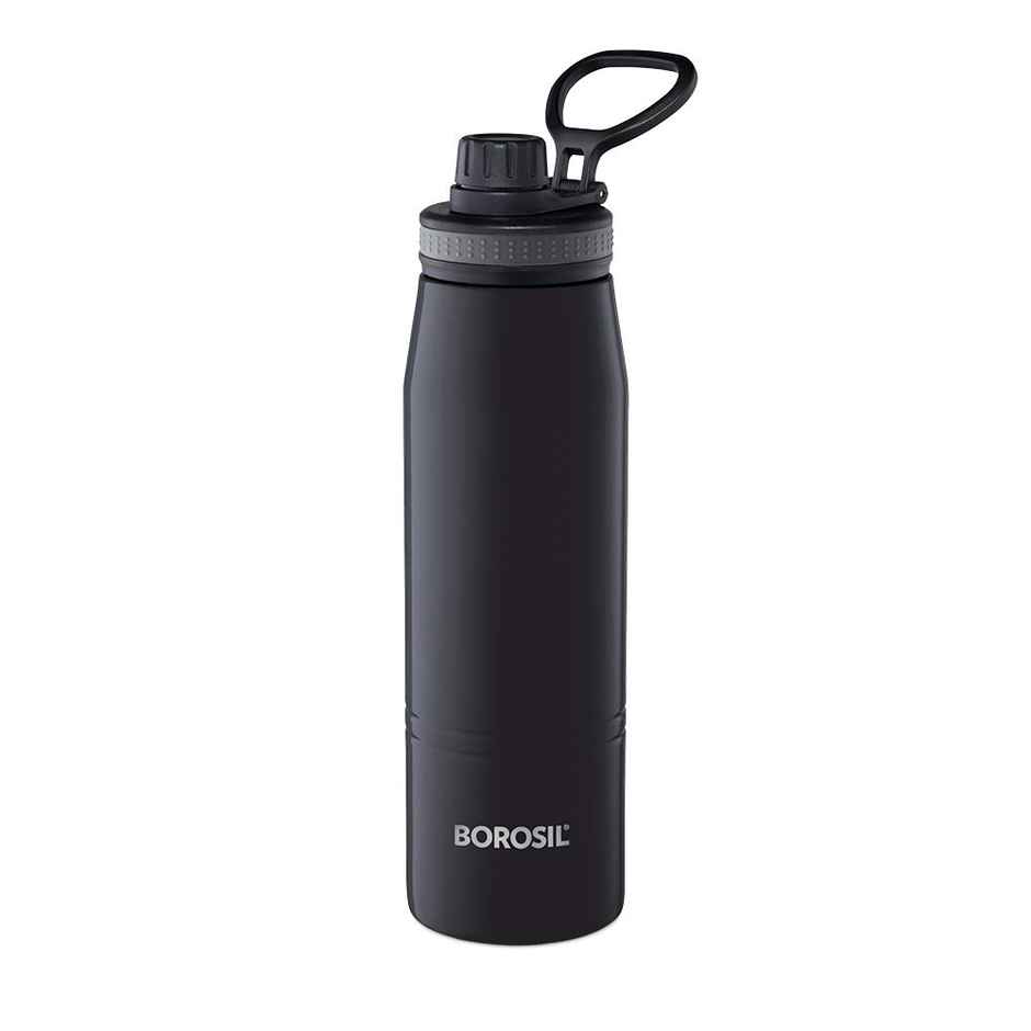 Borosil Stainless Steel Gosports Water Bottle, 14 Hrs Hot & 18 Hrs Cold Insulated | Black | 600 ml