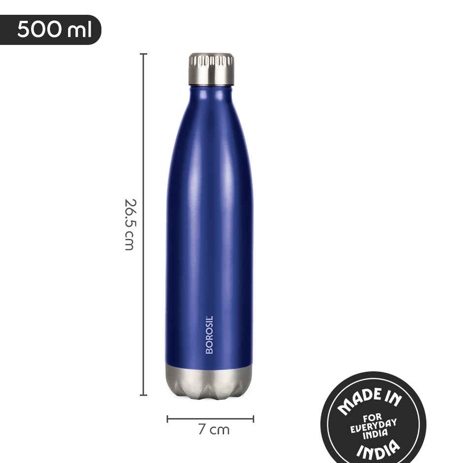 Borosil Bolt Double Wall Vacuum Insulated Stainless Steel Water Bottle | Trans Blue - 500 ml