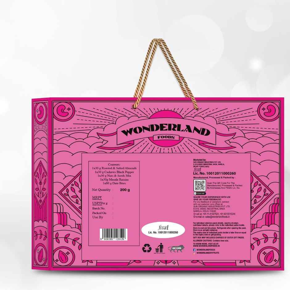 Wonderland Foods Snacking -California Almonds | Masala Raisin | Mixed Seeds | Cashew | Dates- Gift Box