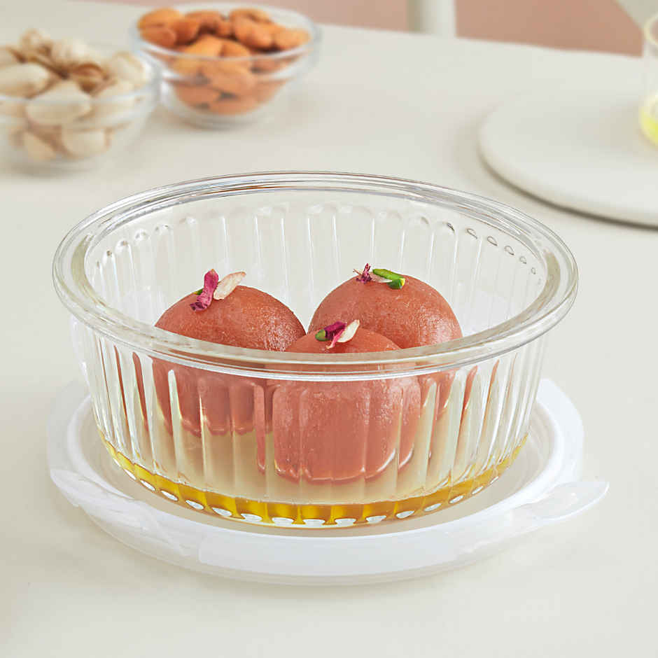 Borosil 620ml Fluted Klip N Store Round Food Storage Container Borosilicate Glass Microwave Safe
