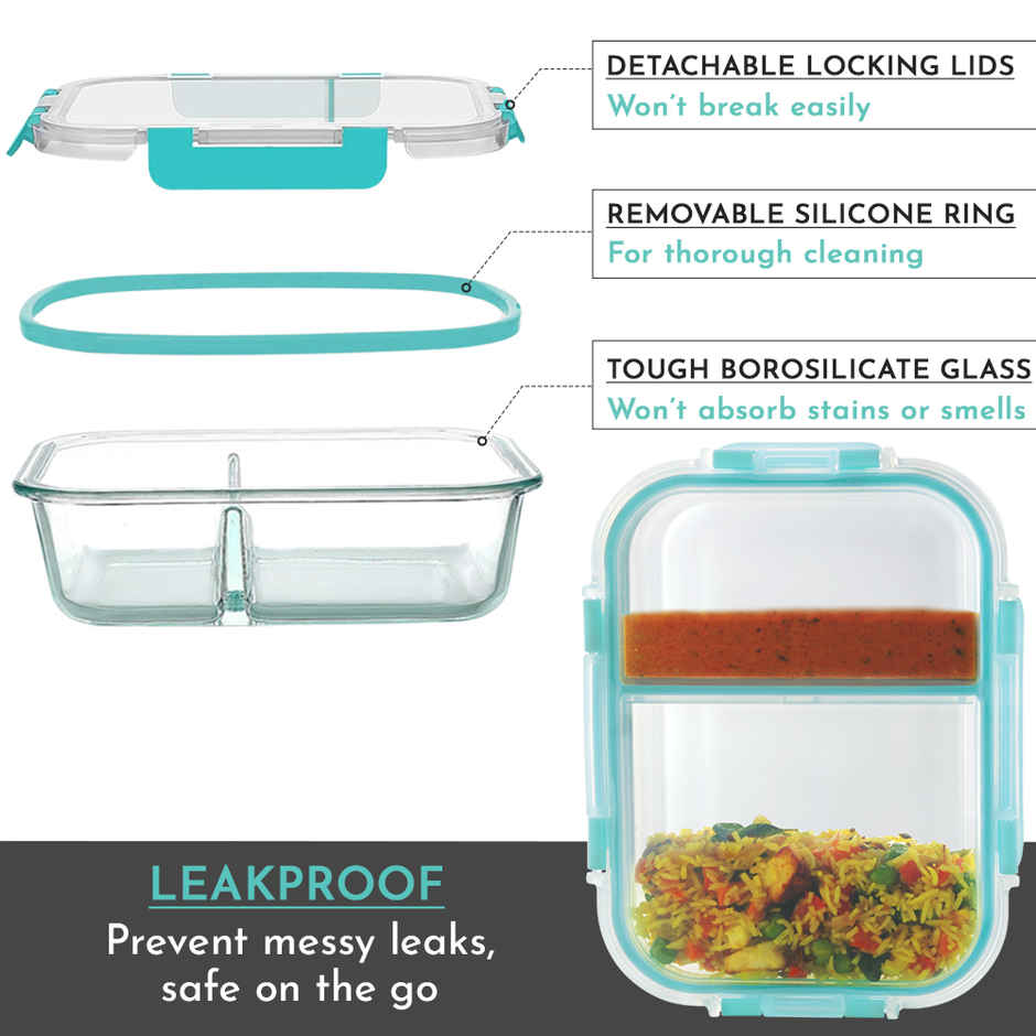 Magnus Glock 580 ml Divider Green Container with Airtight Lid & Detachable Lock, Borosilicate Glass