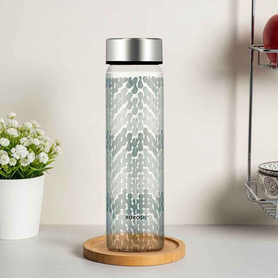 Borosil Vista Wide Mouth Bottle with Metal Lid Borosilicate Glass Dishwasher Safe
