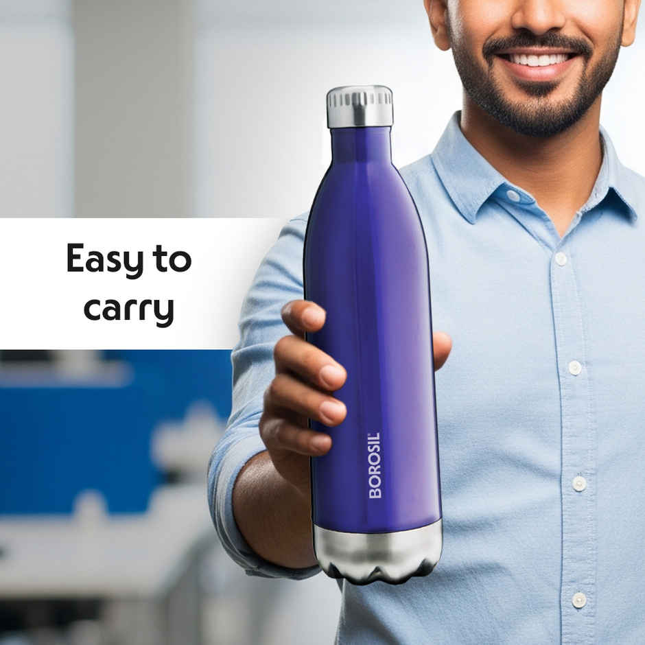 Borosil Bolt Double Wall Vacuum Insulated Stainless Steel Water Bottle | Trans Blue | 1 L