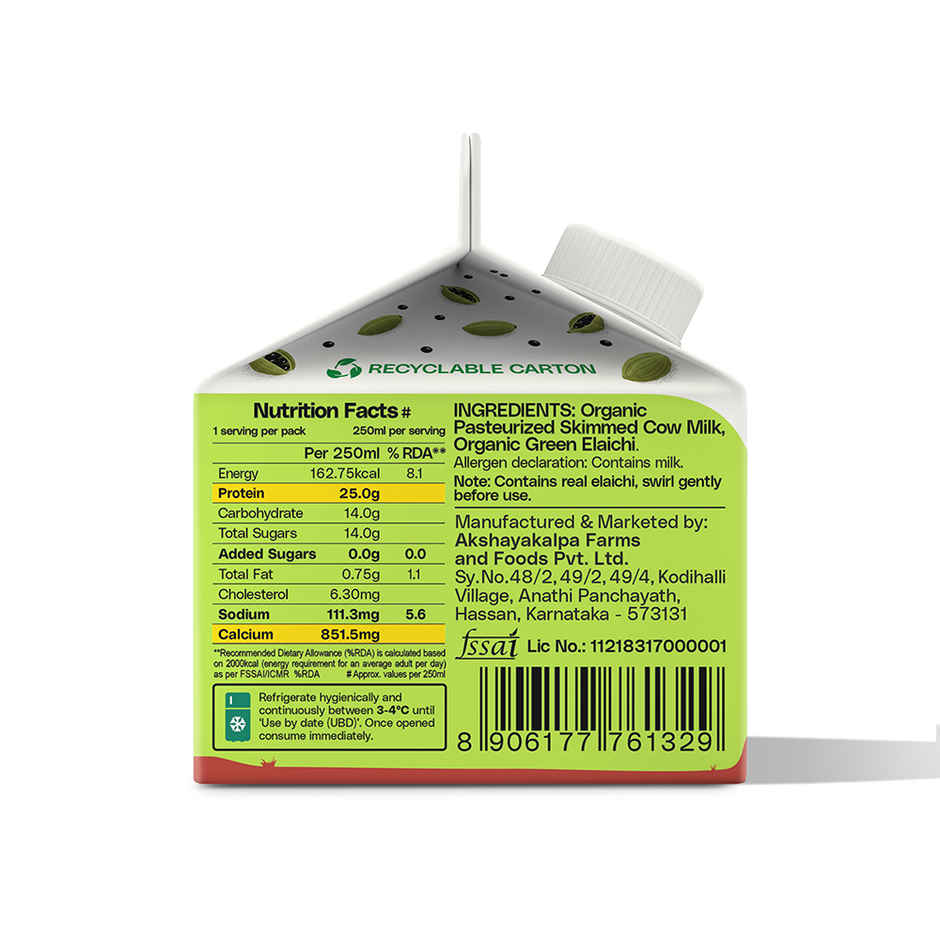 Akshayakalpa Organic High Protein Cow Fresh Milk | Elaichi | 25g Protein | Gable Top Pack