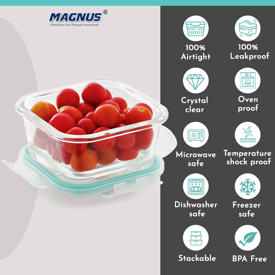 Magnus Vivid 320 ml Square Green Borosilicate Glass Container with Fixed Lock 320 ml