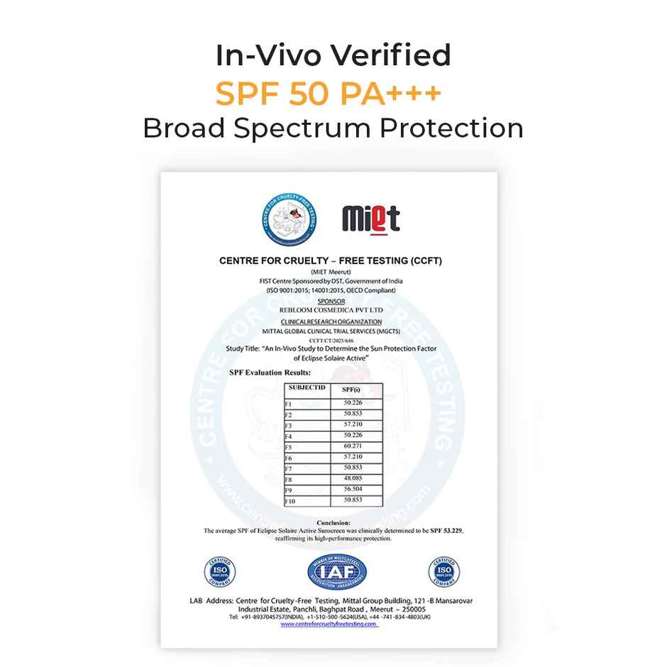 Eclipse Solaire Active Sunscreen SPF 50 PA+++ | No White Cast | UVA/B | Non-Greasy