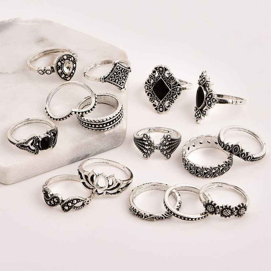 Shining Diva Fashion Set of 15 Base Metal Boho Midi Finger Rings for Women and Girls | 11800r