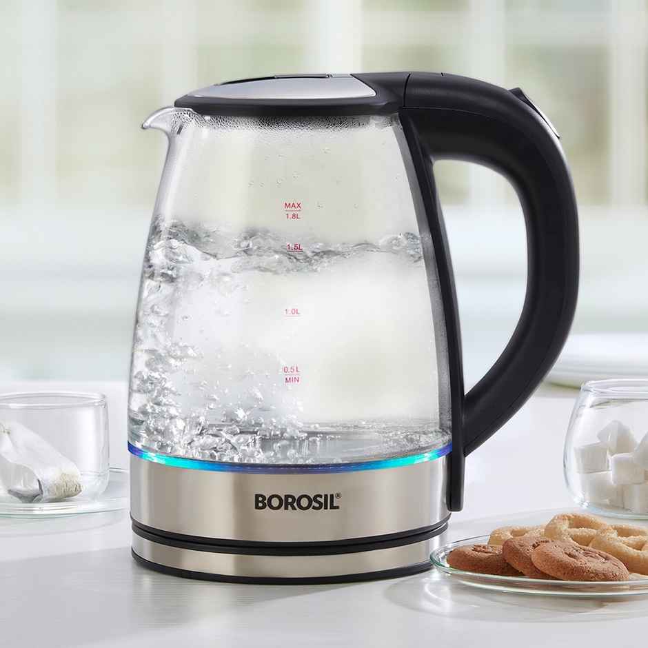 Borosil Electric Glass Kettle Extra Long Cord Dry Boil Protection 1500W 360 Degree Rotating Base