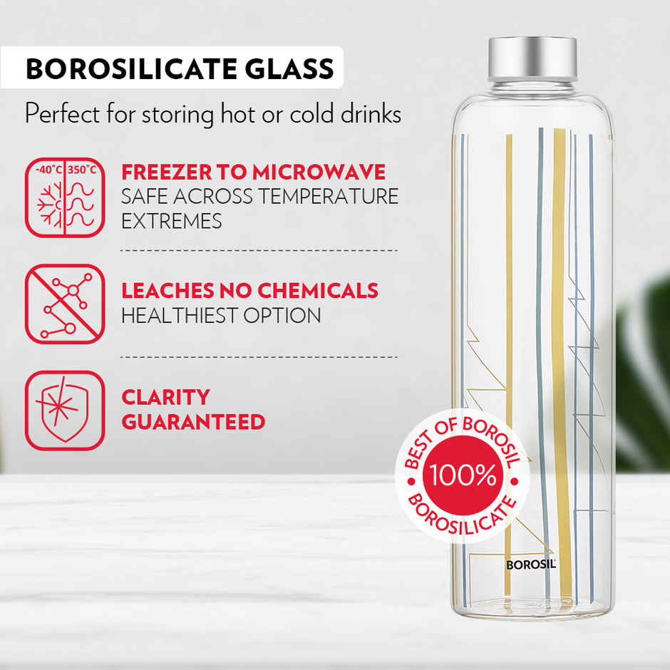 Borosil Sintra Narrow Mouth Bottle with Metal Lid Borosilicate Glass Dishwasher Safe