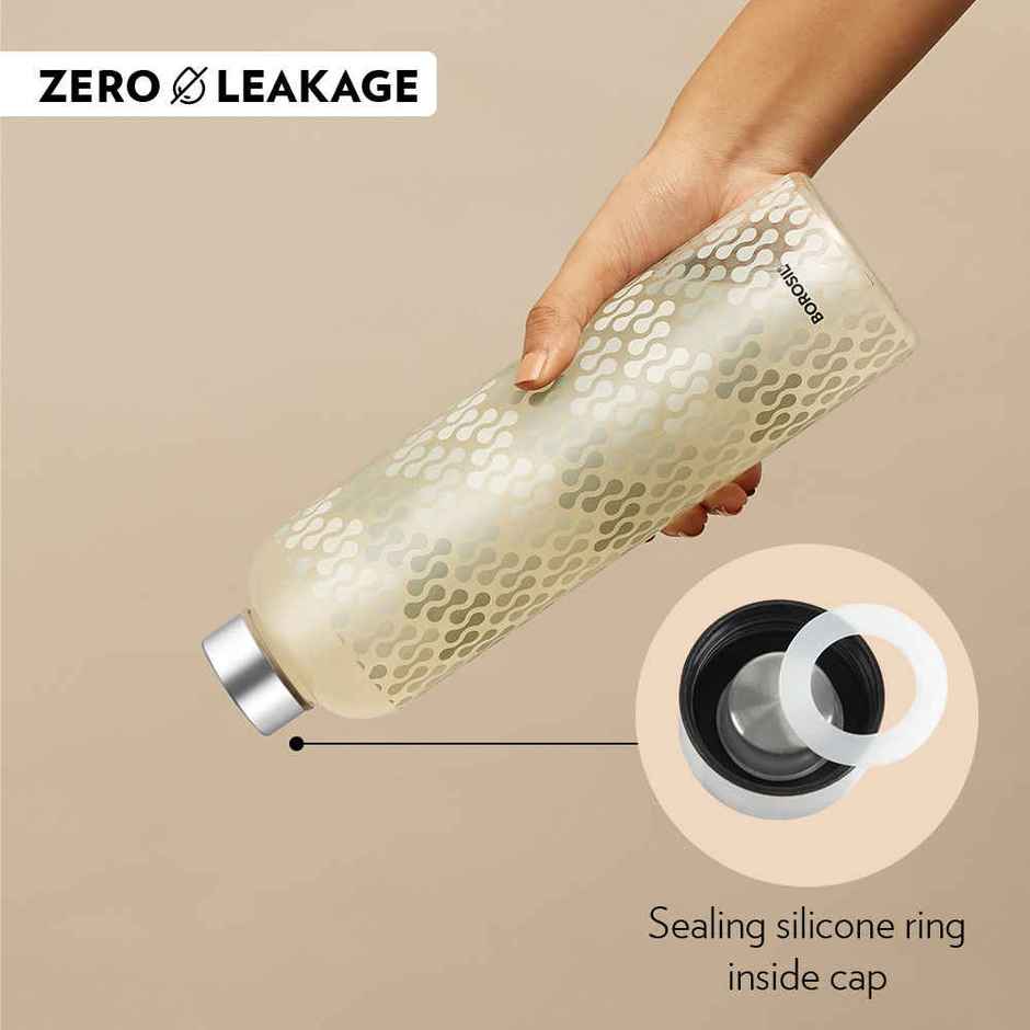 Borosil Vista Narrow Mouth Bottle with Metal Lid Borosilicate Glass Dishwasher Safe