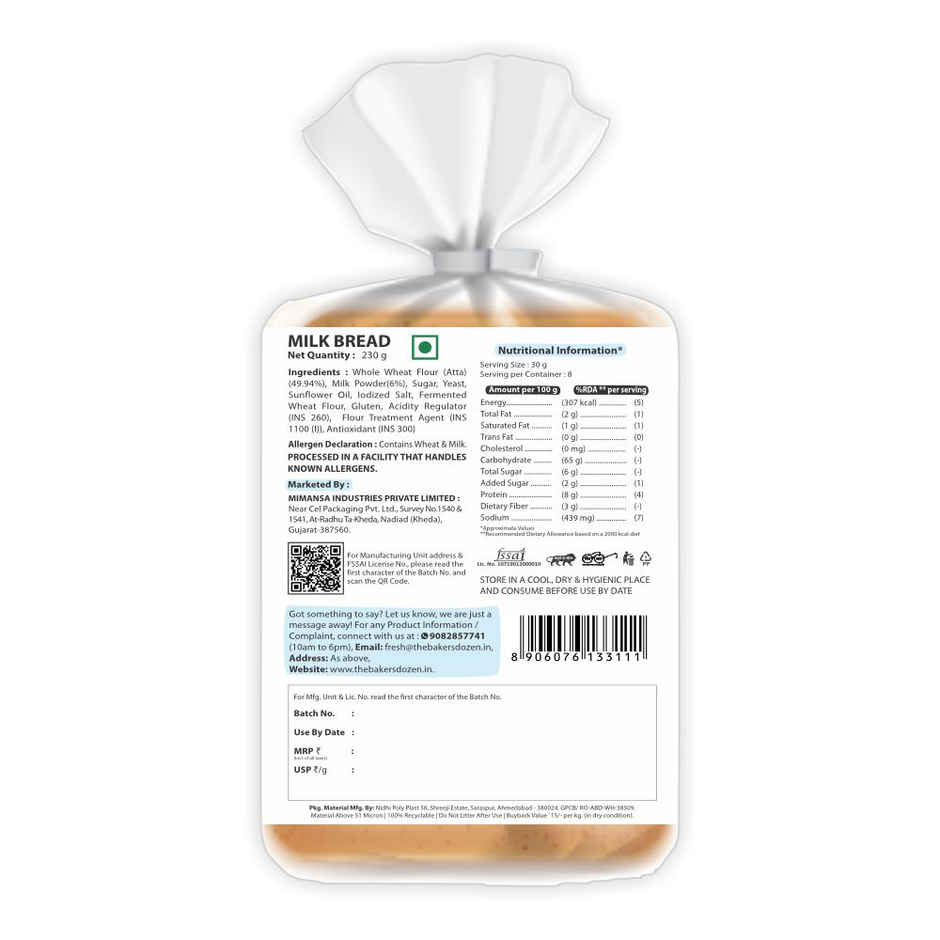 The Baker's Dozen Zero Maida Milk Bread | Atta Bread | Sandwich Bread | White bread | Clean Label