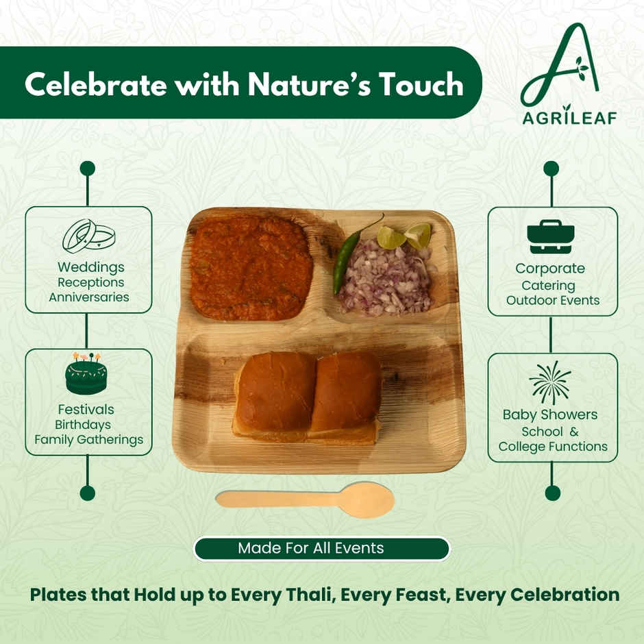 AGRILEAF 9 Inch Square 3-Compartment Areca Palm Leaf Disposable 5 Plates with 5 Spoons