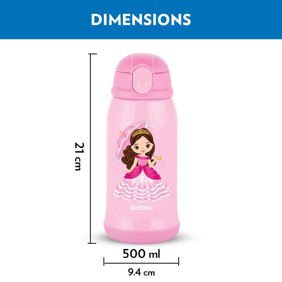 Borosil Stainless Steel Princess Bottle | Pink | 500 ml