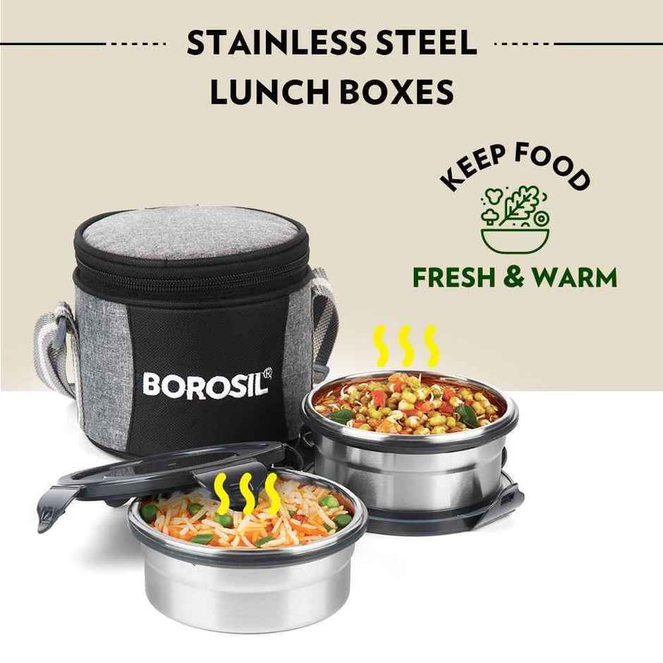 Borosil Feast Stainless Steel Lunchbox with Carry Bag Vertical Tiffin for Office School College