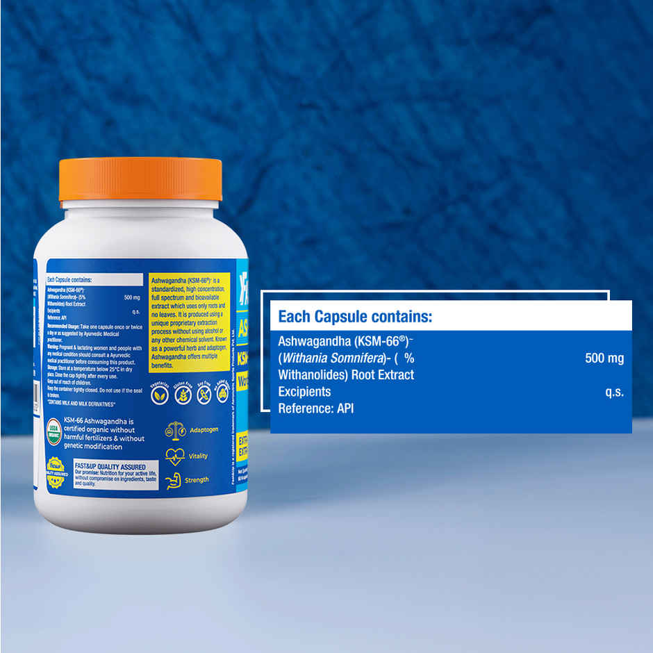 Fast&Up KSM-66 Ashwagandha - Natural Vitality Booster, For Stress & Anxiety - 60 Days Servings