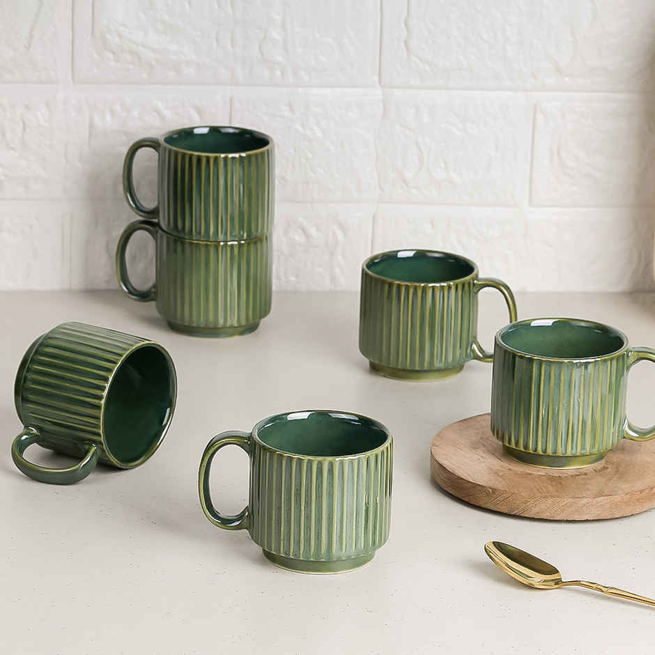 The Earth Store Glam Green Fringe Premium Stackable Ceramic Tea Cup | Green - 160 ml