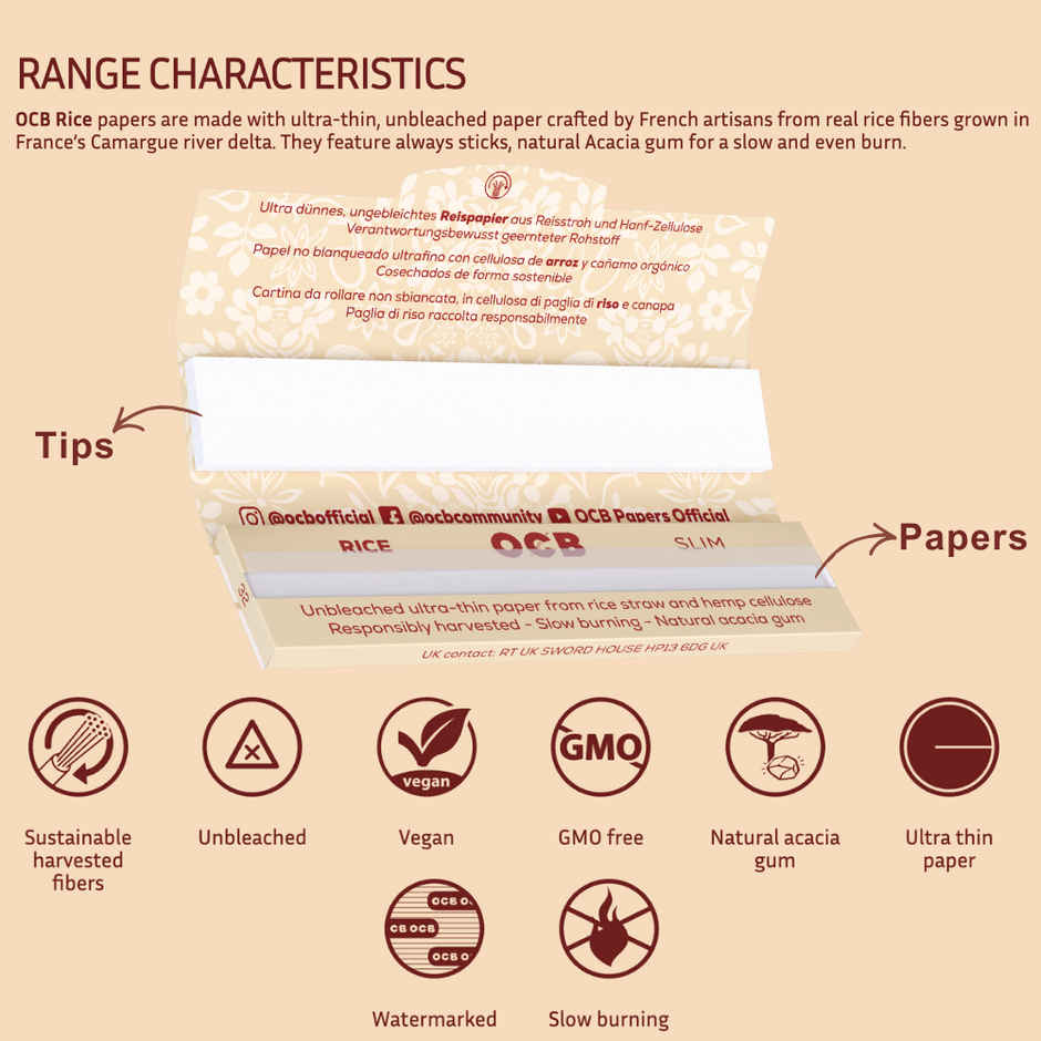 OCB Rice Brown Rolling Paper & Filter Tips | King Size Slim