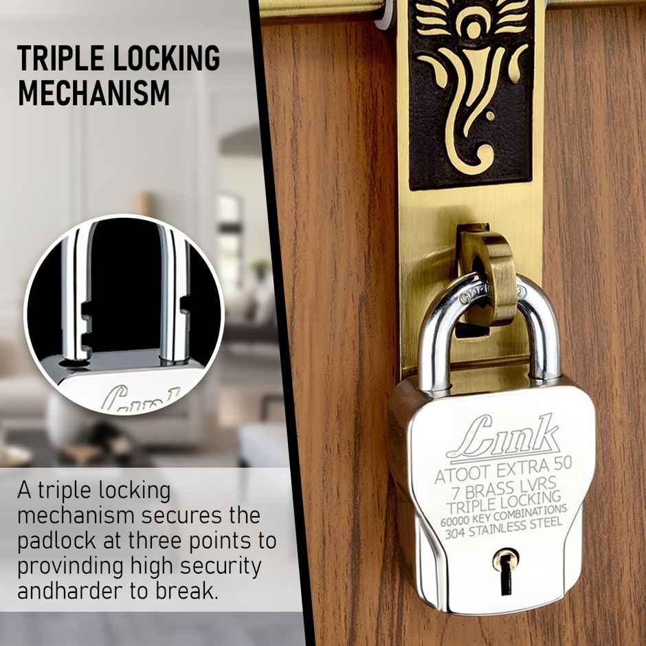 Link Stainless Steel Atoot Extra 50mm Triple Locking Padlock with 3 Keys