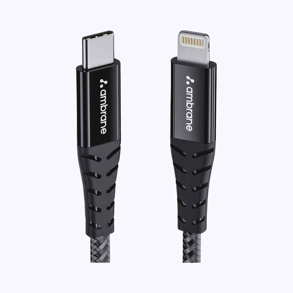 Ambrane Type-C to Lightning USB Cable, 22.5W Fast Charging, 480Mbps Data Sync Cable Compatible with iPhone, iPad, Macbook, iMac, AirPods, 1.25m (ABTL-125) - Black