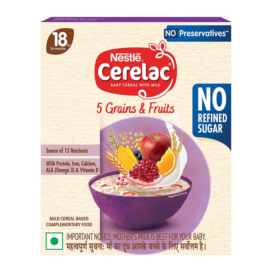 Nestle Cerelac 5 Grains & Fruits Baby Food Cereal, No Refined Sugar & No Preservatives, 18 to 24 Months Baby