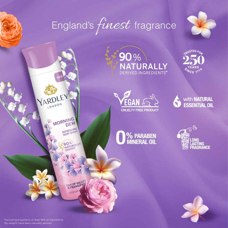 Yardley London Morning Dew Deodorant - Lily of Valley and Frangipani Fragrance - Naturally Derived