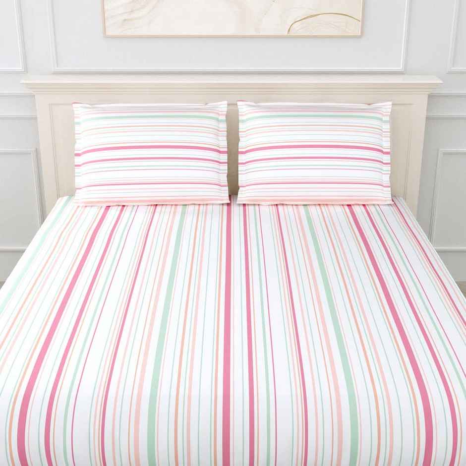 Haus & Kinder 100% Cotton King Size Bedsheet | Magical Stripe | Floral Pink & Blue | 270 x 270 cm
