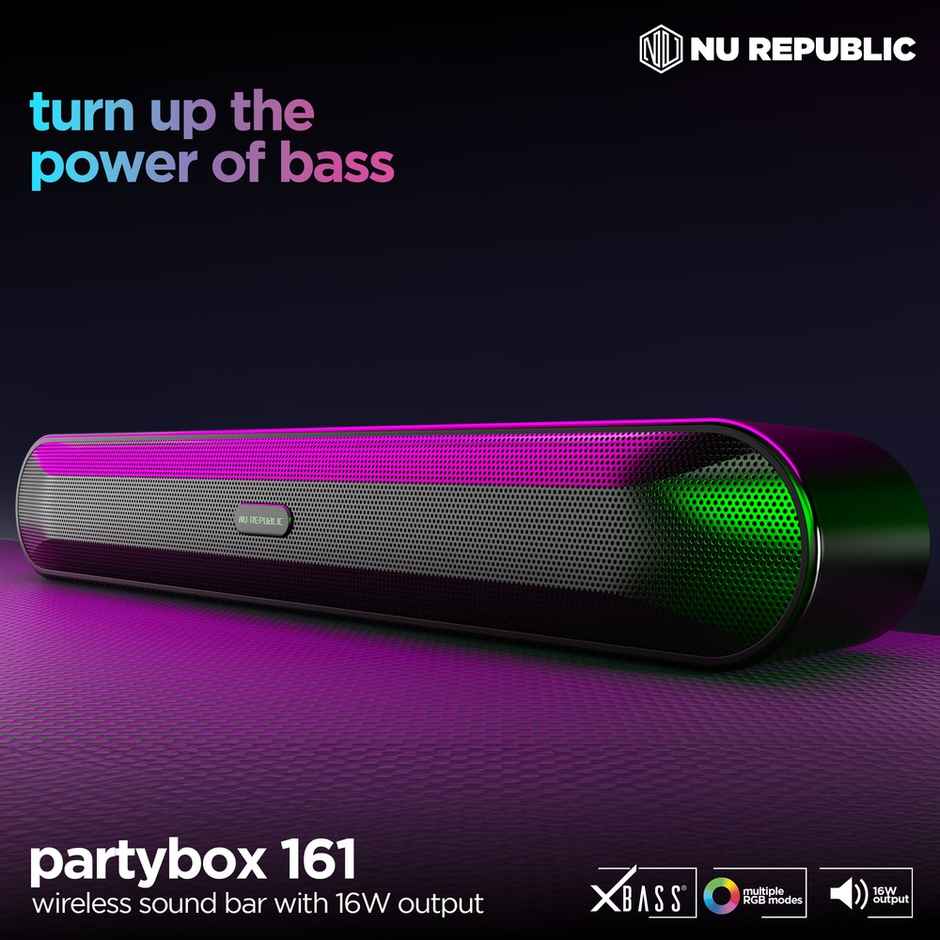 Nu Republic Partybox161 | 10H Playtime | 52mm Driver | RGB Lights | 16W Bluetooth Soundbar - Black
