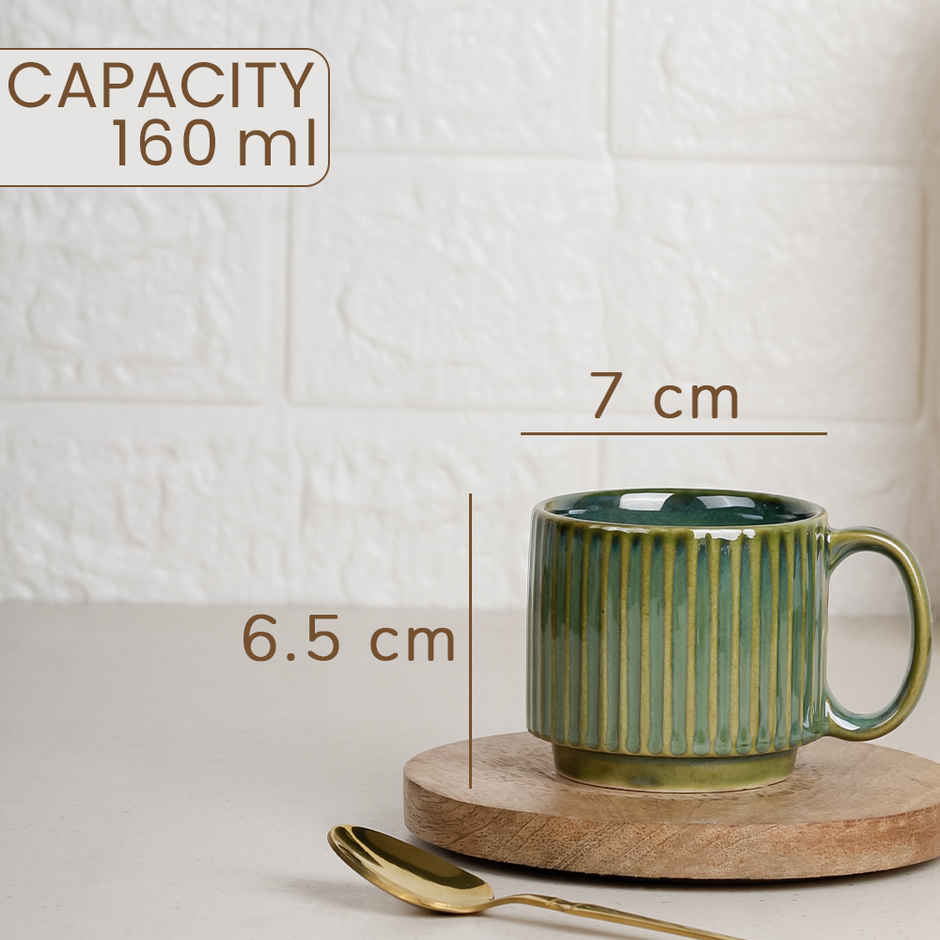 The Earth Store Glam Green Fringe Premium Stackable Ceramic Tea Cup | Green - 160 ml