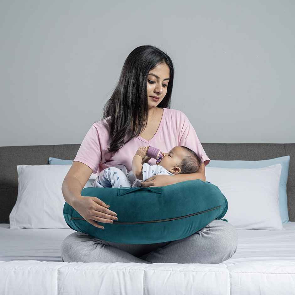 Nursing Pillow For Feeding & Baby Care | Super Soft & Machine Washable Velvet Cover | Peacock Green