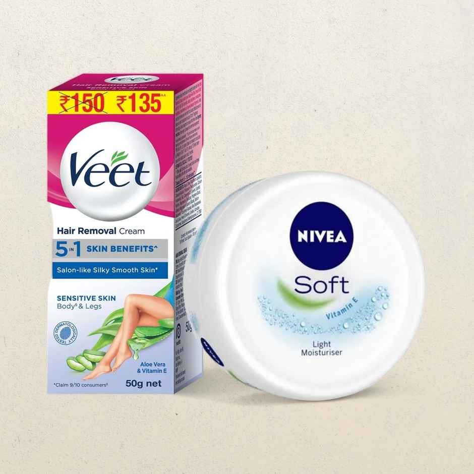 Veet Sensitive Skin Hair Removal Cream(50gms) & Nivea Soft Light Moisturizer for Face Hand & Body Non-Sticky Cream with Vitamin E & Jojoba Oil(300ml) Combo