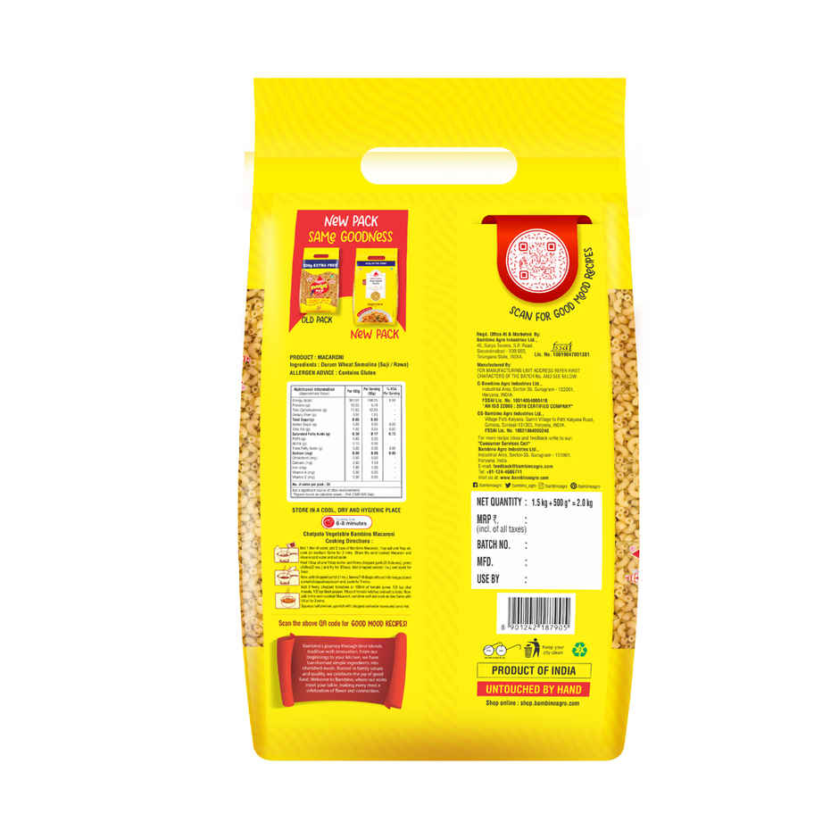 Bambino Macaroni Elbow Pasta - Pure Durum Wheat, No Maida, Protin Rich