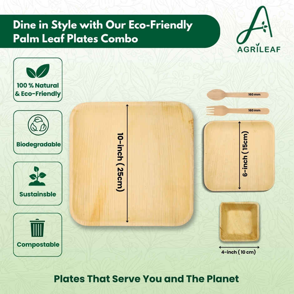 AGRILEAF Square Areca Palm Leaf Disposable Party Combo | 25 Pcs (5 Each Plates, Bowls & Cutlery)