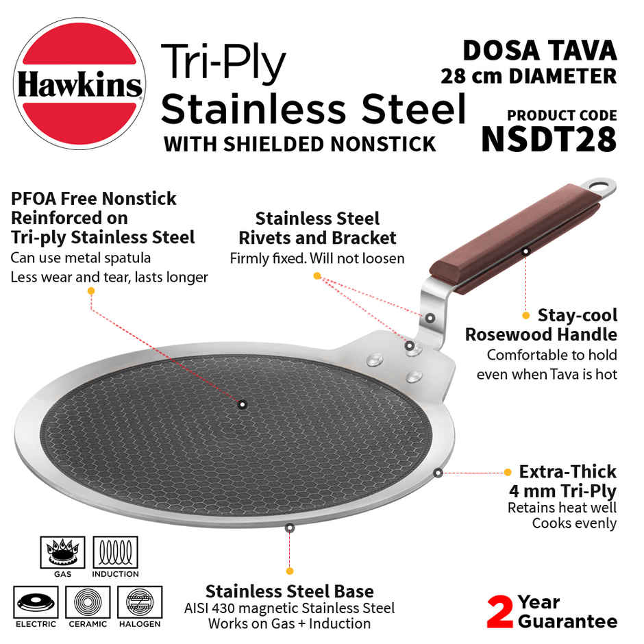 Hawkins Dosa Tawa | 28 cm | Tri-Ply | Non-Stick | Silver | NSDT28