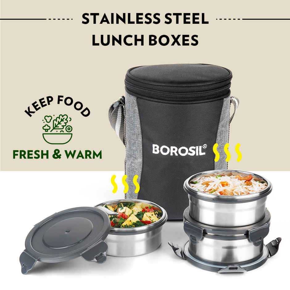 Borosil Feast Stainless Steel Lunchbox with Carry Bag | Tiffin for Office School College