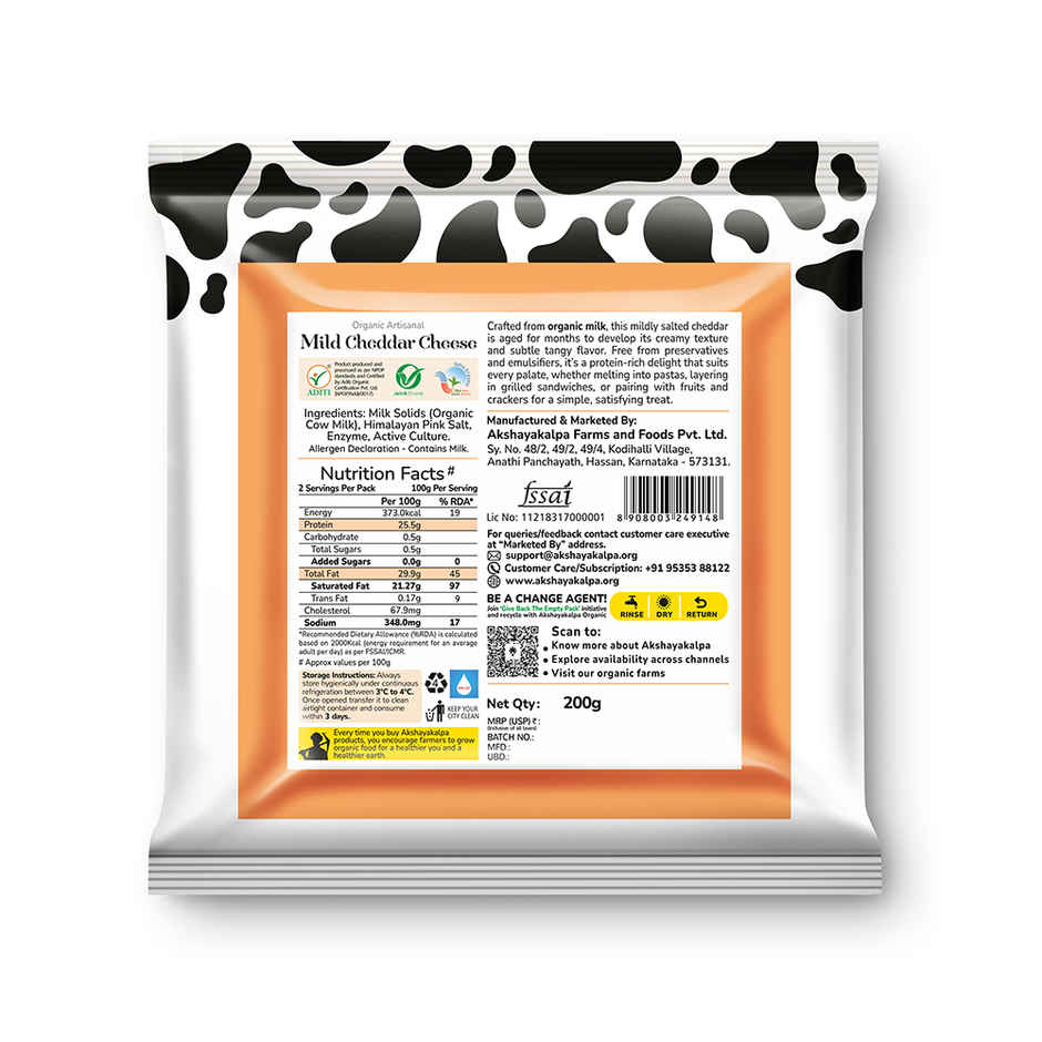 Akshayakalpa Organic Artisanal Mild Cheddar Cheese 200 Gms