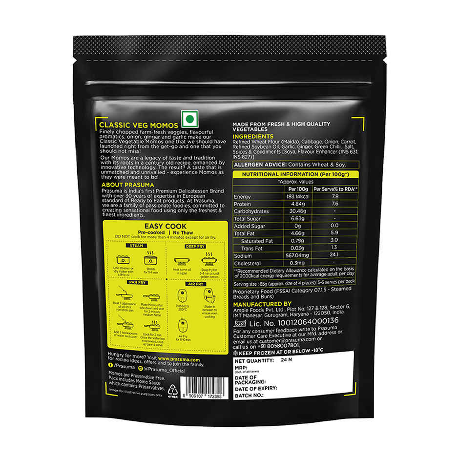 Prasuma Classic Darjeeling Veg Momos 24pc, Fresh Veggie Filling | No Preservatives, MSG or Palm Oil