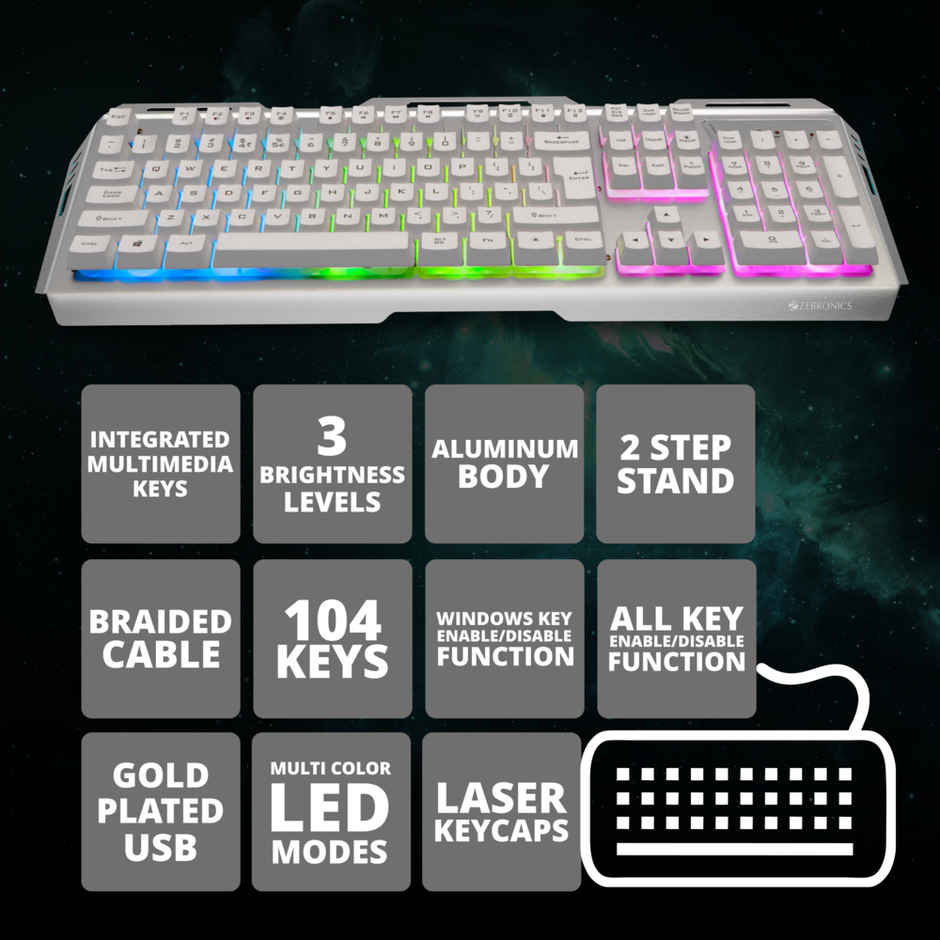 ZEBRONICS Transformer USB Gaming Keyboard & Mouse Combo,Braided Cable,Durable Al Body,Multimedia Keys & Gaming Mouse with 6 Buttons,Multi-Color LED Lights,High-Resolution Sensor with 3200 DPI - White