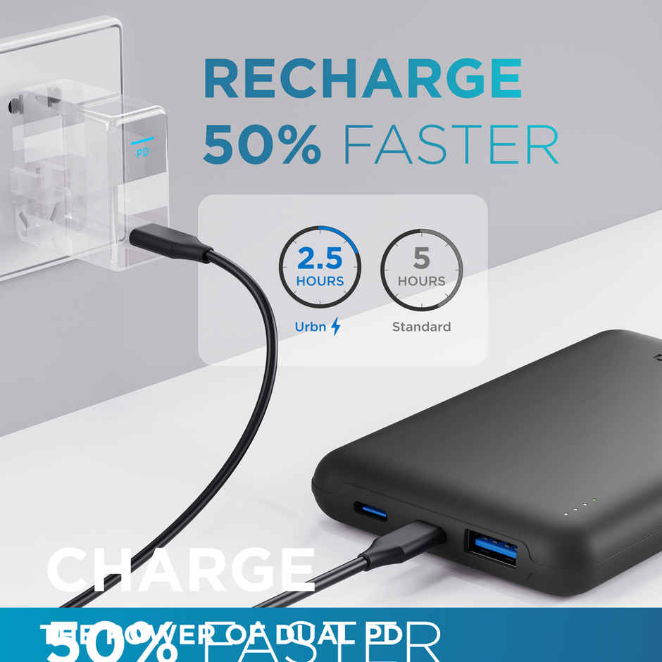 URBN 10000 mAh Premium Edition Nano Wired Power Bank | Two-Way 22.5W Super Fast Charging | Pocket Size| Dual Type C Power Delivery (PD) Output + 1 USB Output for Quick Charge, USB Type-C Input - Black