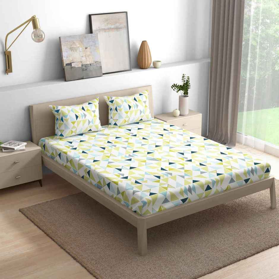 Wakefit Maze Fitted Queen 100% Cotton Geometric Bedsheet, 2 Pillow Covers | White | 78 x 60 in