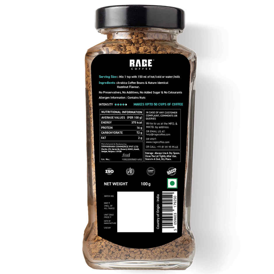 Rage Coffee Irish Hazelnut Flavour Premium Arabica Medium Roast Organic Instant Coffee