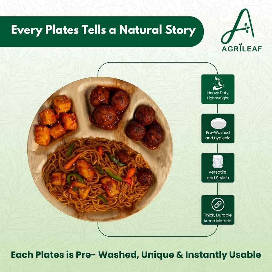 AGRILEAF 12 Inch Round 4-Compartment Areca Palm Leaf Disposable 5 Plates with 5 Spoons